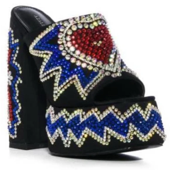 7.5 Azalea Wang Black LOLA Rhinestone Embellished Red Heart Platform Heels - Picture 5 of 5